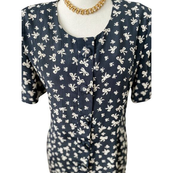 🎀 Vintage Bow Print Drop Waist Flounce Skirt Dress MCM Flapper size S petite 🎀 - Picture 6 of 11